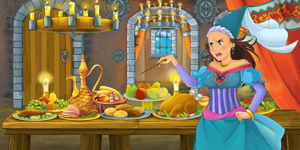 Cartoon Fairy Tale Scene Princess Table Full Food Illustration Children — Stock Photo, Image