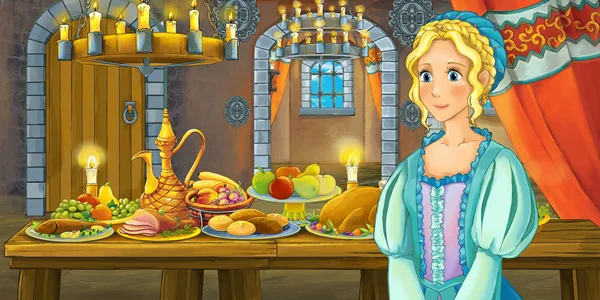 Cartoon Märchenszene Mit Prinzessin Tisch Voller Essen Illustration Für Kinder — Stockfoto