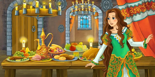 Cartoon Sprookje Scène Met Prinses Door Tafel Vol Met Eten — Stockfoto