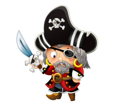 Sırtında kılıç olan korsan yüzbaşının beyaz arka planda olduğu karikatür sahnesi - çocuklar için illüstrasyon