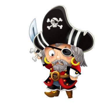 Sırtında kılıç olan korsan yüzbaşının beyaz arka planda olduğu karikatür sahnesi - çocuklar için illüstrasyon