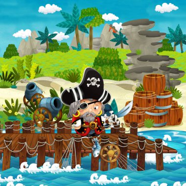 Çizgi film sahnesinde sahile geleneksel ahşap fıçılar ve top gülleleri bir tropikal adada ve bir korsan kaptan - çocuklar için illüstrasyon