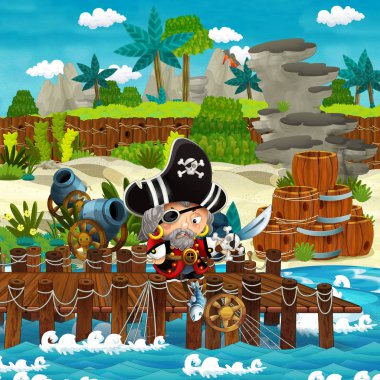 Çizgi film sahnesinde sahile geleneksel ahşap fıçılar ve top gülleleri bir tropikal adada ve bir korsan kaptan - çocuklar için illüstrasyon
