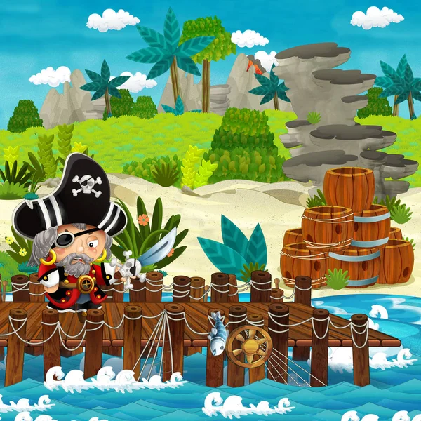 Cartoon Szene Mit Strandufer Mit Traditionellen Holzfässern Und Kanonenkugeln Auf — Stockfoto