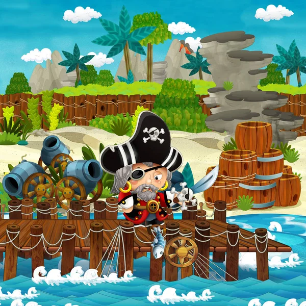 cartoon scene with beach shore with wooden traditional barrels and cannon balls on some tropical island and pirate captain - illustration for children
