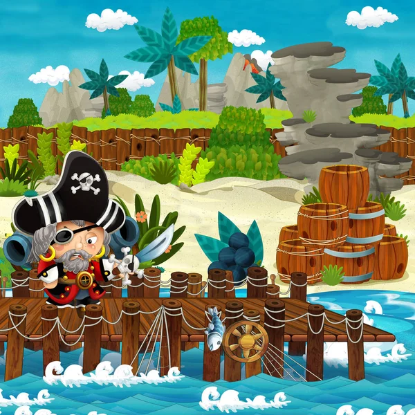 一些热带岛屿上的卡通片场景 海滨有木制传统木桶和炮弹 还有海盗船长 儿童图解 — 图库照片