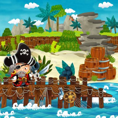 Çizgi film sahnesinde sahile geleneksel ahşap fıçılar ve top gülleleri bir tropikal adada ve bir korsan kaptan - çocuklar için illüstrasyon