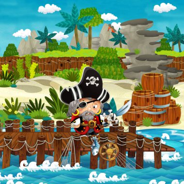 Çizgi film sahnesinde sahile geleneksel ahşap fıçılar ve top gülleleri bir tropikal adada ve bir korsan kaptan - çocuklar için illüstrasyon