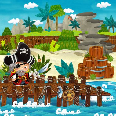 Çizgi film sahnesinde sahile geleneksel ahşap fıçılar ve top gülleleri bir tropikal adada ve bir korsan kaptan - çocuklar için illüstrasyon