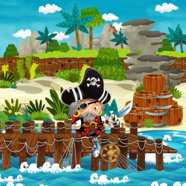 Çizgi film sahnesinde sahile geleneksel ahşap fıçılar ve top gülleleri bir tropikal adada ve bir korsan kaptan - çocuklar için illüstrasyon