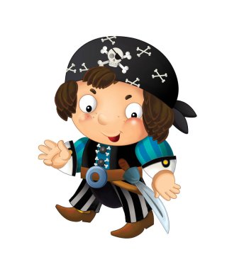 cartoon scene with pirate man captain with sword on his back on white background - illustration for children clipart