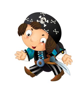 Sırtında kılıç olan korsan yüzbaşının beyaz arka planda olduğu karikatür sahnesi - çocuklar için illüstrasyon