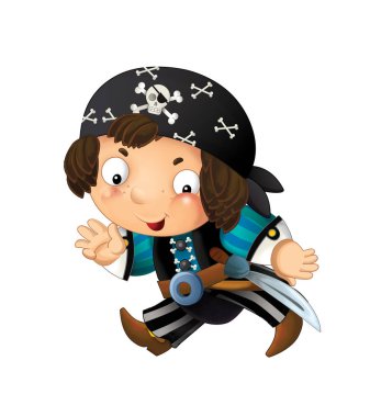 Sırtında kılıç olan korsan yüzbaşının beyaz arka planda olduğu karikatür sahnesi - çocuklar için illüstrasyon