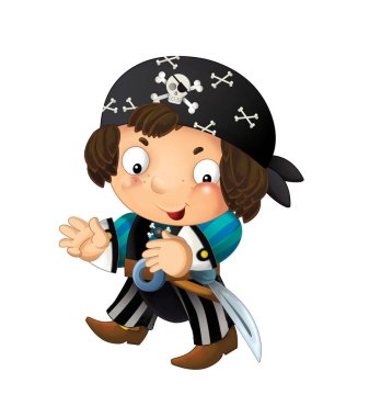 Sırtında kılıç olan korsan yüzbaşının beyaz arka planda olduğu karikatür sahnesi - çocuklar için illüstrasyon