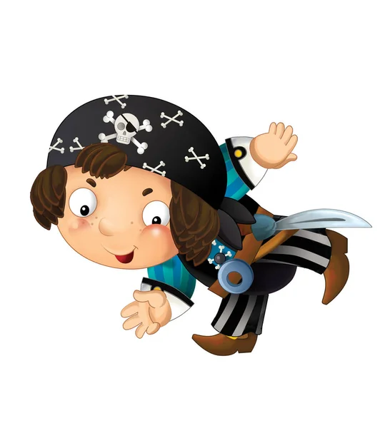 Escena Dibujos Animados Con Pirata Capitán Hombre Con Espada Espalda —  Fotos de Stock