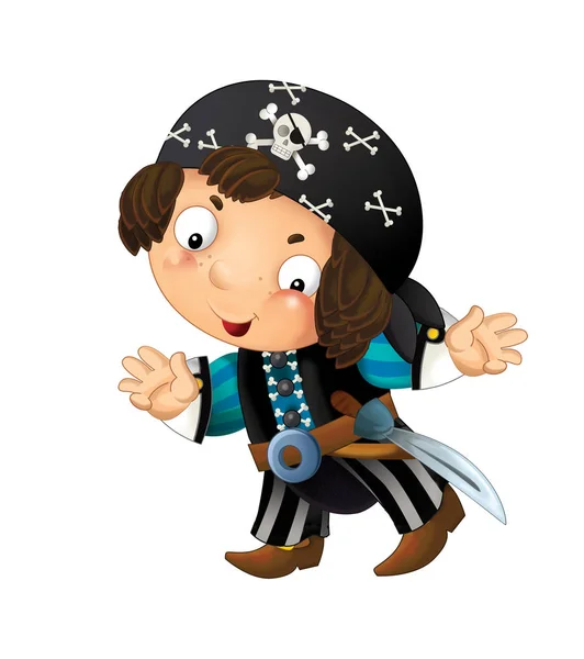 cartoon scene with pirate man captain with sword on his back on white background - illustration for children