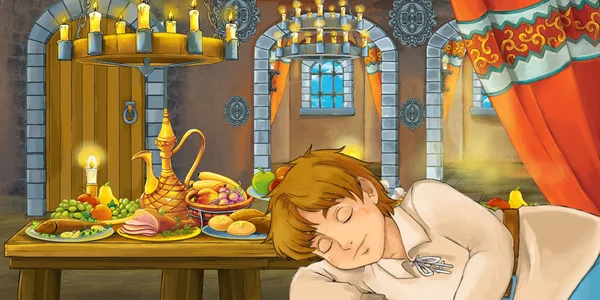 Cartoon Fairy Tale Scene Young Boy Table Full Food Illustration — Stock Photo, Image