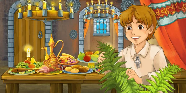 童话童话场面与小男孩在桌装满食物旁边 例证为孩子 — 图库照片