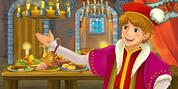Kreslené Pohádky Scéna Princem Stůl Plný Jídla Ilustrace Pro Děti — Stock fotografie