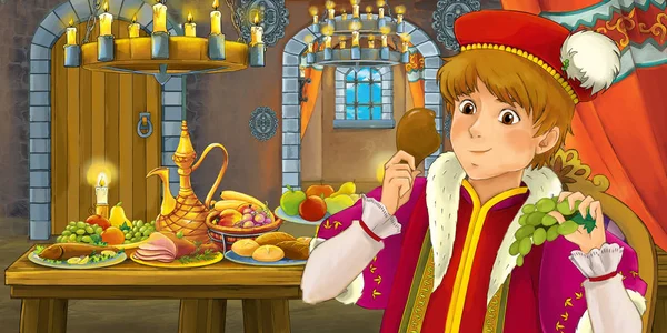 Cartoon Märchenszene Mit Prinz Tisch Voller Essen Illustration Für Kinder — Stockfoto