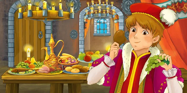 Kreslené Pohádky Scéna Princem Stůl Plný Jídla Ilustrace Pro Děti — Stock fotografie