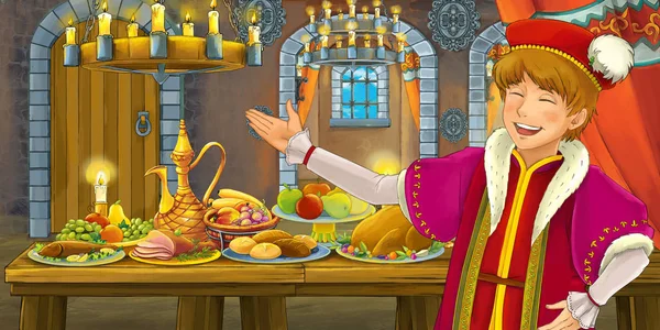 Cartoon Märchenszene Mit Prinz Tisch Voller Essen Illustration Für Kinder — Stockfoto