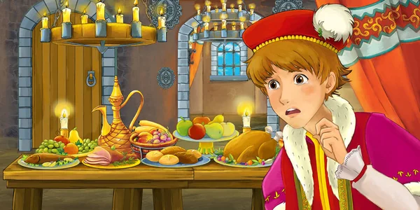 Cartoon Märchenszene Mit Prinz Tisch Voller Essen Illustration Für Kinder — Stockfoto