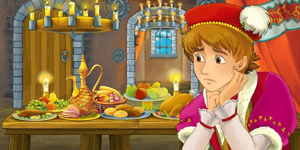 Cartoon Märchenszene Mit Prinz Tisch Voller Essen Illustration Für Kinder — Stockfoto