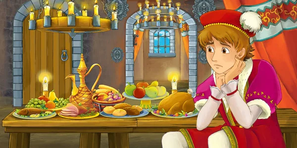 Adegan Dongeng Kartun Dengan Pangeran Meja Penuh Dengan Makanan Ilustrasi — Stok Foto