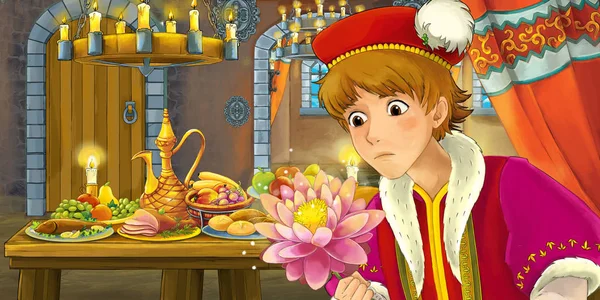 Cartoon Märchenszene Mit Prinz Tisch Voller Essen Illustration Für Kinder — Stockfoto