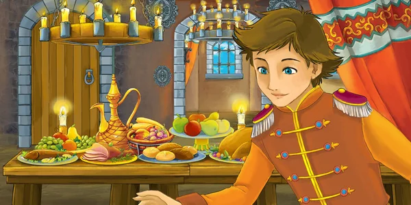 Cartoon Märchenszene Mit Prinz Tisch Voller Essen Illustration Für Kinder — Stockfoto