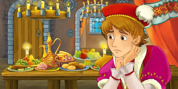 Cartoon Märchenszene Mit Prinz Tisch Voller Essen Illustration Für Kinder — Stockfoto