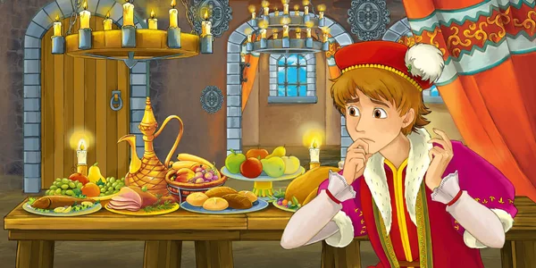 Σκηνή Παραμύθι Κινουμένων Σχεδίων Τον Πρίγκιπα Από Τραπέζι Γεμάτο Τρόφιμα — Φωτογραφία Αρχείου