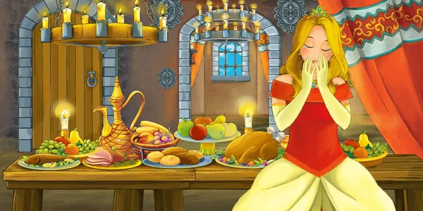Kreslené Pohádky Scéna Princeznou Stůl Plný Jídla Ilustrace Pro Děti — Stock fotografie