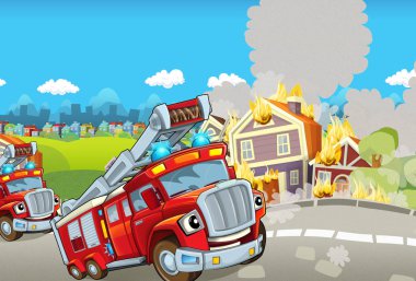 Yangın söndürme renkli ve neşeli sahne için farklı makineleri ile çizgi film sahne