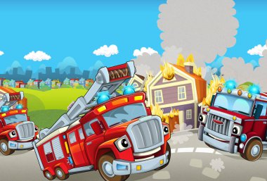 Yangın söndürme renkli ve neşeli sahne için farklı makineleri ile çizgi film sahne