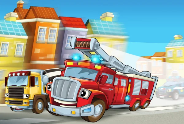 Cena Dos Desenhos Animados Com Caminhão Bombeiros Vermelho Correndo Para — Fotografia de Stock