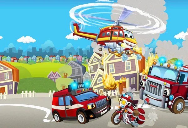 cartoon stage with different machines for firefighting colorful and cheerful scene