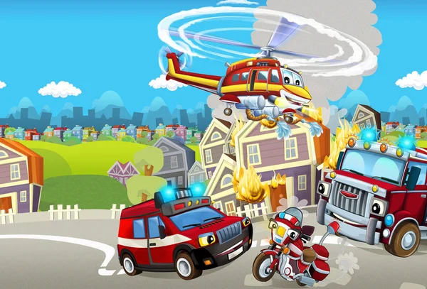 Cartoon Podium Met Verschillende Machines Voor Brandbestrijding Kleurrijke Vrolijke Scène — Stockfoto