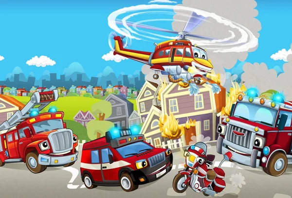 Cartoon Podium Met Verschillende Machines Voor Brandbestrijding Kleurrijke Vrolijke Scène — Stockfoto