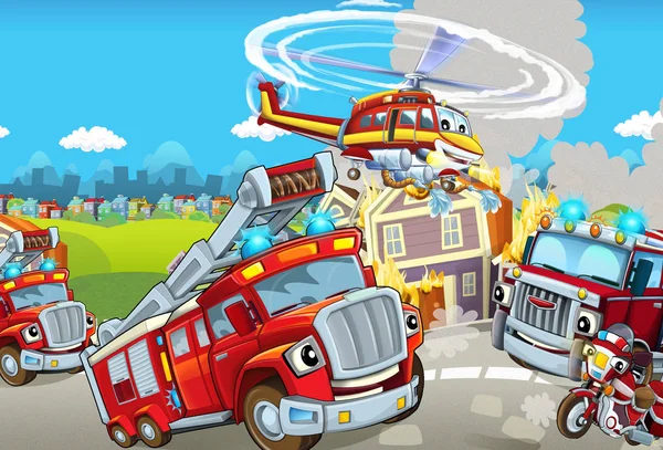 卡通舞台与不同的机器消防丰富多彩和欢快的场景 — 图库照片