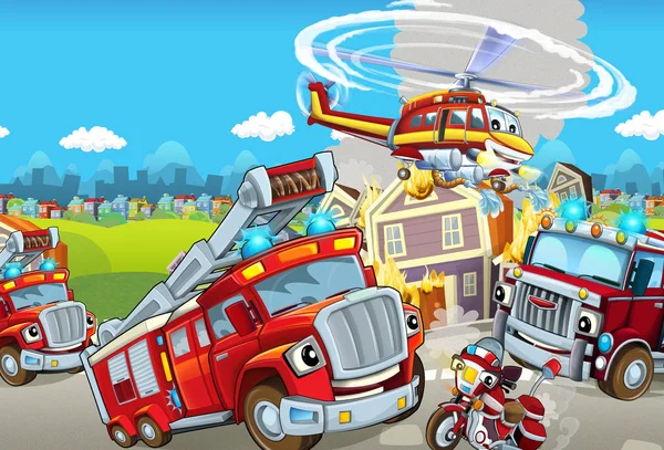 Мультипликационная Сцена Различными Машинами Пожаротушения Красочные Веселые Сцены — стоковое фото