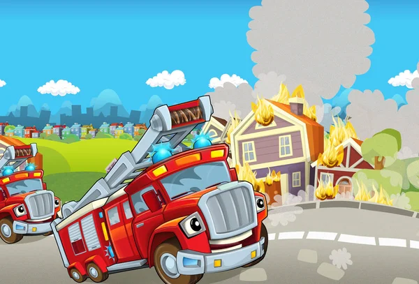 Cartoon Stage Different Machines Firefighting Colorful Cheerful Scene — Stock Photo, Image