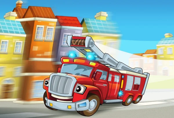 Cartoon Scene Red Firetruck Rushing Some Action Duty Illustration Children — Stock Photo, Image