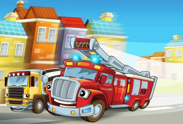 Cartoon Scene Red Firetruck Rushing Some Action Duty Illustration Children — Stock Photo, Image