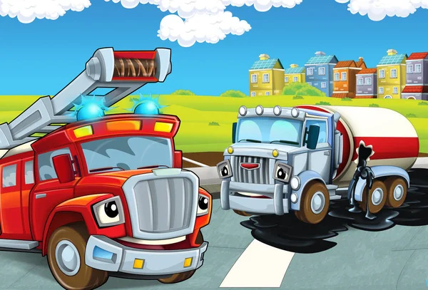 Cena Dos Desenhos Animados Com Caminhão Bombeiros Vermelho Recolhendo Óleo — Fotografia de Stock