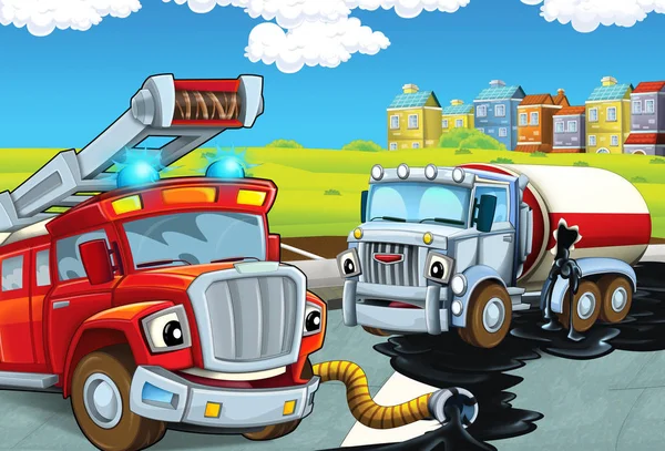 Cartoon Scene Red Firetruck Gathering Spilled Oil Crashed Cistern Street — Stock Photo, Image