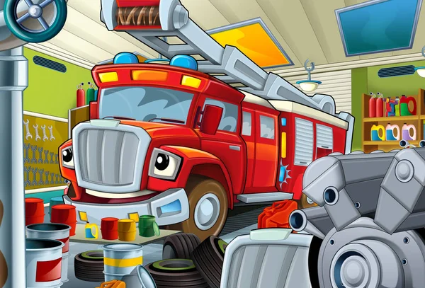 子供のためのガレージと消防士の車 消防車 イラスト漫画シーン — ストック写真