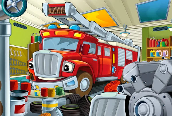 Escena Dibujos Animados Con Garaje Vehículo Bombero Coche Bombero Ilustración — Foto de Stock