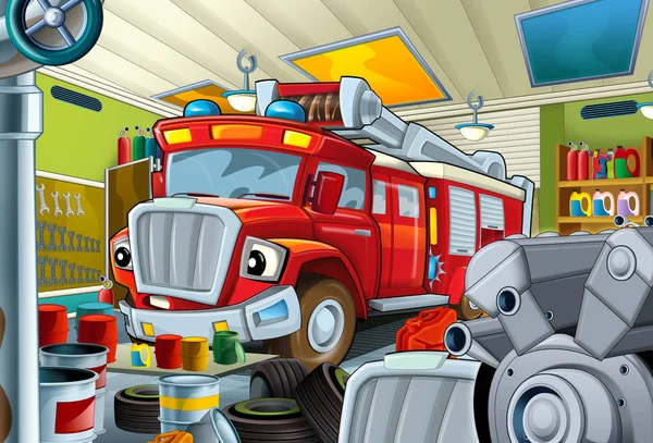 Мультфильм Сцена Гаражом Пожарным Транспортным Средством Пожарный Автомобиль Иллюстрация Детей — стоковое фото